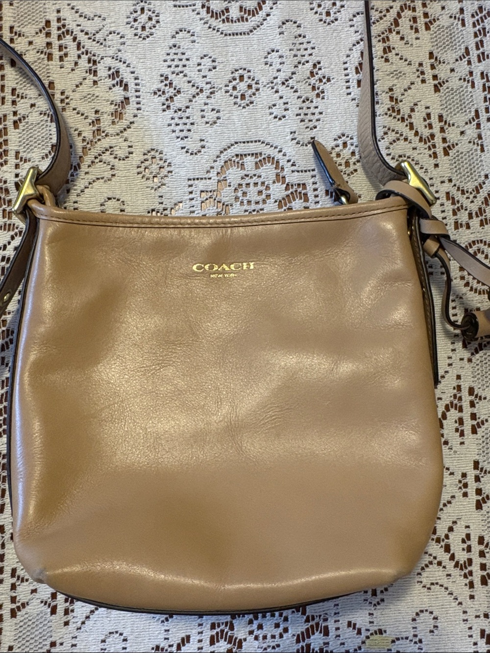 Coach Pebble Leather Crossbody Bag in Warm Tan with Gold Hardware
